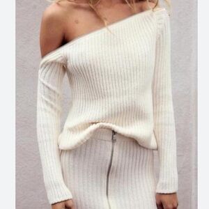 Zara Cream Off-the-Shoulder Ribbed Sweater